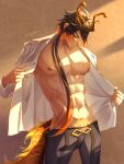 1boy bare_chest chenzcy closed_eyes dragon_horns dragon_tail gradient_hair zhongli_(genshin_impact)