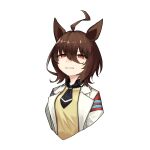  1girl absurdres agnes_tachyon_(umamusume) ahoge animal_ears black_shirt breasts brown_hair collared_shirt cropped_torso half-closed_eyes highres horse_ears lab_coat medium_hair open_mouth red_eyes sanada_ina shirt simple_background small_breasts solo sweater umamusume upper_body white_background yellow_sweater 