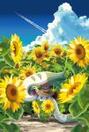  2others blue_sky chocomon clouds day digimon digimon_(creature) flower horns looking_at_viewer multiple_others no_humans open_mouth outdoors sky sunflower terriermon yam_retsu yellow_flower 