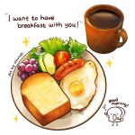  artist_name breakfast coffee_cup cup disposable_cup egg_(food) english_text food food_focus fried_egg fruit grapes highres lettuce no_humans original shadow simple_background sparkle still_life toast tomato white_background xindi 