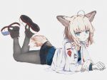  1326496175 1girl ahoge animal_ear_fluff animal_ears arknights black_pantyhose black_skirt blonde_hair blue_eyes blue_shirt breasts closed_mouth collarbone commentary fox_ears fox_girl fox_tail full_body gloves grey_background highres jacket legs_up long_sleeves looking_at_viewer lying on_stomach pantyhose shirt shoe_soles shoes simple_background skirt small_breasts sussurro_(arknights) tail white_footwear white_gloves white_jacket wide_sleeves 