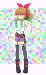  1girl belt black_footwear black_thighhighs brown_hair caro-xy glasses hair_ribbon long_hair looking_at_viewer multicolored_hair ohdo_yuamu ponytail red-framed_eyewear ribbon shorts thigh-highs two-tone_hair violet_eyes yu-gi-oh! yu-gi-oh!_go_rush!! 