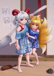  2girls absurdres aged_down animal_ears barefoot blonde_hair blue_dress blush bottle bowl commentary_request curled_horns curly_hair dress earrings fox_ears fox_girl fox_tail full_body grey_hair highres holding holding_spoon horns jewelry kitsune looking_at_viewer meandros multiple_girls multiple_tails oversized_object pointy_ears red_horns sharp_teeth sheep_horns short_hair single_bare_shoulder single_earring spoon standing tail tatsu_toyoyo teeth touhou toutetsu_yuuma translation_request yakumo_ran yellow_eyes 