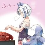  1girl animal_ears dog_ears dog_tail foothold_trap from_side grey_hair highres mitsugashira_enoko multiple_tails open_mouth pink_skirt purple_shirt red_eyes shirt short_hair skirt solo tail touhou upper_body yudepii 