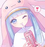  ! 1girl animal_hood blue_eyes blue_hair can digimon digimon_(creature) drink drinking_straw highres holding holding_can hood long_hair looking_at_viewer monster_energy nagoshi nun one_eye_closed sistermon_blanc solo speech_bubble upper_body 