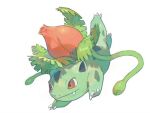  bud closed_mouth fangs flower full_body ivysaur leaf muginoomoti no_humans pokemon pokemon_(creature) red_eyes red_flower simple_background smile solo white_background 