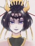  1girl artist_name black_hair blue_eyes bob_cut collar digimon digimon_(creature) hair_ornament highres horns lilithmon looking_at_viewer pointy_ears portrait rikka_(tcbn_18) short_hair simple_background solo watermark white_background 
