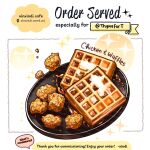  butter chicken_(food) commission english_text food food_focus highres no_humans original plate sparkle still_life syrup waffle xindi 