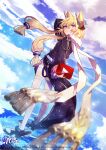  1girl azur_lane blonde_hair blush commission english_commentary floating_hair hair_between_eyes headgear hen-tie highres holding logo long_hair long_legs looking_at_viewer low_twintails official_art open_mouth rudder_footwear scarf shoes sidelocks smile solo standing standing_on_liquid thigh-highs twintails violet_eyes warspite_(azur_lane) watermark white_scarf white_thighhighs yostar youtube youtube_logo 