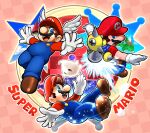  1boy blue_eyes blue_overalls commentary f.l.u.d.d. full_body hoshi_(star-name2000) long_sleeves luma_(mario) mario multiple_persona overalls red_headwear red_shirt shirt short_hair short_sleeves super_mario_64 super_mario_bros. super_mario_galaxy super_mario_sunshine upper_body wings 