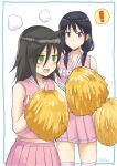  ! 2girls bags_under_eyes black_hair blush cheerleader closed_mouth clothes_writing commentary english_commentary green_eyes holding holding_pom_poms kneehighs kuroki_tomoko long_hair looking_at_another looking_to_the_side low_twintails midriff_peek miniskirt multiple_girls okiru open_mouth pink_shirt pink_skirt pleated_skirt pom_pom_(cheerleading) shirt sidelocks signature simple_background skirt sleeveless sleeveless_shirt smile socks speech_bubble spoken_exclamation_mark standing striped striped_socks sweatdrop tamura_yuri twintails violet_eyes watashi_ga_motenai_no_wa_dou_kangaetemo_omaera_ga_warui! white_background 