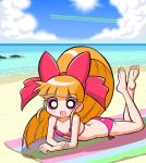  barefoot beach bikini cckk flat_chest long_hair on_stomach orange_hair ponytail powerpuff_girls_z red_eyes sun swimsuit 