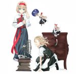  alice_margatroid apron blonde_hair book buttons capelet closed_eyes doll dress electric_fan fan hairband kirisame_marisa kneeling multiple_girls nabeshima_tetsuhiro open_mouth paper_fan profile shanghai_doll touhou uchiwa wind wind_chime 