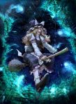  blonde_hair broom broom_riding forest forest_of_magic glowing hat henohenomomiji kirisame_marisa laughing long_hair nature night night_sky perspective realistic sky solo touhou witch_hat yellow_eyes 