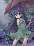  blue_hair dress flower furude_rika higurashi_no_naku_koro_ni hime_cut hydrangea kurogarasu kurokarasu long_hair petticoat purple_eyes rain sundress umbrella violet_eyes 