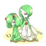  gardevoir green_hair kirlia lowres multiple_girls no_humans nude pokemon pokemon_(creature) red_eyes sad sewing ushiyama 