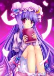  bad_id bloomers blush book crescent hair_ribbon hat holding holding_book long_hair looking_at_viewer patchouli_knowledge purple_eyes purple_hair ratise red_eyes ribbon sitting solo touhou violet_eyes 