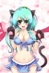  animal_ears bare_shoulders bikini breasts cat_ears cat_pose cat_tail cleavage frog front-tie_top gloves green_eyes green_hair hair_ornament hairband kemonomimi_mode kochiya_sanae large_breasts long_hair midriff navel open_mouth paw_gloves paw_pose snake solo swimsuit tail tomcho touhou 