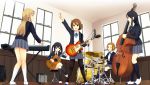  acoustic_guitar akiyama_mio black_eyes black_hair blonde_hair brown_eyes brown_hair double_bass drum drum_set guitar hirasawa_yui instrument k-on! kotobuki_tsumugi legs long_hair microphone microphone_stand multiple_girls munakata_(hisahige) nakano_azusa pantyhose school_uniform short_hair synthesizer tainaka_ritsu twintails uwabaki 