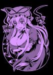  bow breasts cleavage crossed_arms dress gap hair_bow hat large_breasts long_hair macaroni_and_cheese monochrome purple simple_background smile touhou yakumo_yukari 