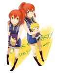  2girls chastel_aiheap doll flynn_scifo hisca_aiheap hisuka_aiheap multiple_boys multiple_girls ponytail red_hair redhead ritsu_(artist) shastere_aiheap siblings sisters tales_of_(series) tales_of_vesperia tales_of_vesperia:_the_first_strike title_drop twins yellow_background yellow_eyes yuri_lowell 