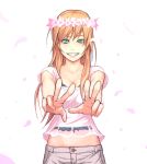  aqua_eyes blouse cherry_blossoms flower foreshortening grin hair_ornament hands head_wreath long_hair midriff mustard_seeds navel orange_hair original outstretched_arms outstretched_hand petals see-through simple_background smile solo teeth v 