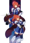  armor blue_background chastel_aiheap eterno highres hisca_aiheap hisuka_aiheap knight multiple_girls ponytail red_eyes red_hair redhead shastere_aiheap siblings sisters sword tales_of_(series) tales_of_vesperia tales_of_vesperia:_the_first_strike thighhighs twins weapon 