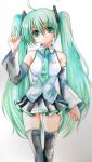  aqua_hair detached_sleeves fragran0live hatsune_miku head_tilt long_hair necktie pointing skirt smile thigh-highs thighhighs traditional_media twintails vocaloid watercolor_(medium) 