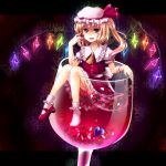  cup flandre_scarlet food fruit girl_in_a_cup glass hat heart highres in_container in_cup mame_niko mary_janes red_eyes shoes short_hair side_ponytail single_shoe socks strawberry touhou wine wine_glass wings 