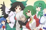  black_hair blue_hair breast_envy breasts buront dark_skin final_fantasy final_fantasy_xi green_eyes green_hair hinanawi_tenshi kazami_yuuka kochiya_sanae large_breasts oro_(zetsubou_girl) pointy_ears red_eyes reiuji_utsuho silver_hair the_iron_of_yin_and_yang touhou wings 