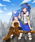  blue_hair blush boots cloud clouds cross-laced_footwear crossed_legs food fruit hand_on_own_chest hat hinanawi_tenshi keystone knee_boots lace-up_boots long_hair mamedenkyuu_(berun) peach red_eyes shimenawa sitting sky smile solo touhou 