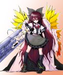  arm_cannon armband asymmetrical_wings blouse brown_eyes brown_hair cape eyes frills highres huge_weapon kneehighs long_hair portrait red_eyes red_hair reiuji_utsuho skirt solo stars touhou very_long_hair weapon young 
