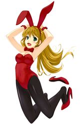  asakura_ryou_(artist) blonde_hair bunny_ears bunnysuit green_eyes jumping long_hair original pantyhose rabbit_ears shoe_dangle single_shoe solo 