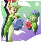  1girl flower green_hair lowres moemon pantyhose personification pokemon pokemon_(creature) pokemon_(game) pokemon_rse rose roselia spiked_hair spiky_hair tenjou_ryuka wink 