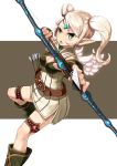  archer archer_(dragon_nest) arrow bad_id blonde_hair boots bow bow_(weapon) breasts cleavage cleavage_cutout dragon_nest dress elf forehead_jewel green_eyes highres minidress nano_dayo no_nose pointy_ears solo twintails weapon wings 