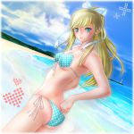  beach bikini blonde_hair blue_eyes bow dutch_angle front-tie_top hair_bow hair_ribbon highres looking_back miharin original polka_dot polka_dot_bikini polka_dot_swimsuit ponytail ribbon side-tie_bikini solo swimsuit 