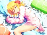  bed blonde_hair blue_panties bottomless dakimakura dakimakura_(object) hair_ribbon highres legs lying muneyuki no no_pants on_side pajamas panties pantyshot pantyshot_(lying) pillow pillow_hug polka_dot polka_dot_panties red_eyes ribbon rumia short_hair sleepy smile solo touhou underwear wink yes yes-no_pillow 