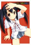  arm_up bad_id black_hair expressionless from_above k-on! long_hair looking_at_viewer looking_up nakano_azusa red_eyes school_uniform sitting solo twintails umekichi 