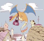  bag charizard clothed_pokemon cloud envelope flying hat meowth no_humans pokemon pokemon_(creature) pokemon_mystery_dungeon postman ranranrakko rooftop waving 