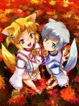  animal_ears asaki_takayuki bad_id bell blonde_hair fox_ears fox_tail from_above geta green_eyes jingle_bell kagura_suzu leaf maple_leaf multiple_girls open_mouth pink_eyes silver_hair tabi tail 