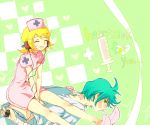  1girl bandaid couple digital_media_player genderswap happy hatsune_miku hatsune_mikuo headphones highres kagamine_rin mp3_player music nia_(four_winds) nurse vocaloid 