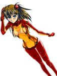  blush bodysuit brown_hair evangelion:_2.0_you_can_(not)_advance hand_on_head huruhoshi long_hair neon_genesis_evangelion plugsuit rebuild_of_evangelion shikinami_asuka_langley simple_background skin_tight solo souryuu_asuka_langley test_plugsuit 