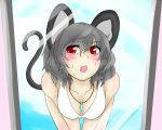  bad_id bent_over bikini blush breasts cleavage down_blouse fang grey_hair jewelry leaning_forward mirror moniringo mouse_ears mouse_tail nazrin open_mouth pendant pov red_eyes short_hair solo swimsuit tail touhou 