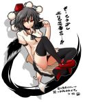  black_legwear black_thighhighs black_wings camera geta hat red_eyes shameimaru_aya short_hair solo tengu-geta thigh-highs thighhighs tokin_hat touhou wings 