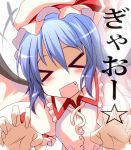  &gt;_&lt; blue_hair close-up fang gao hands hat jpeg_artifacts open_mouth remilia_scarlet silve smile touhou xd 
