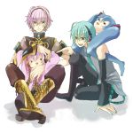  aqua_hair boots genderswap hatsune_miku hatsune_mikuo headphones highres male megurine_luka megurine_luki multiple_boys pink_hair shiteyan&#039;yo shiteyan'yo takoluka vocaloid yamako_(artist) 