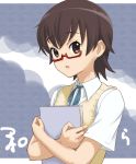  brown_eyes brown_hair glasses k-on! manabe_nodoka rasukaru red-framed_glasses school_uniform semi-rimless_glasses short_hair solo sweater_vest under-rim_glasses 