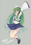  detached_sleeves green_hair hair_ornament jumping kochiya_sanae midriff seo_tatsuya skirt touhou 