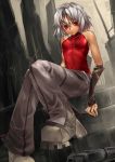  bare_shoulders boots canaan canaan_(character) gun handgun highres jewelry necklace ratsuomo red_eyes short_hair silver_hair sitting sleeveless sleeveless_turtleneck turtleneck weapon 