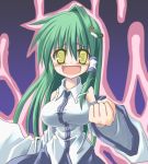  @_@ breasts detached_sleeves frog green_hair hair_ornament itadon kochiya_sanae long_hair narrow_waist short_hair solo touhou yellow_eyes yuuji_(itadon) 